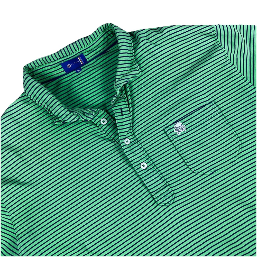 Stitch Golf Polo Green Striped Size XL Skull Crossbones Hidden Button Collar